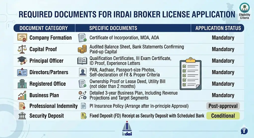 Requried documents for IRDAI Broker license