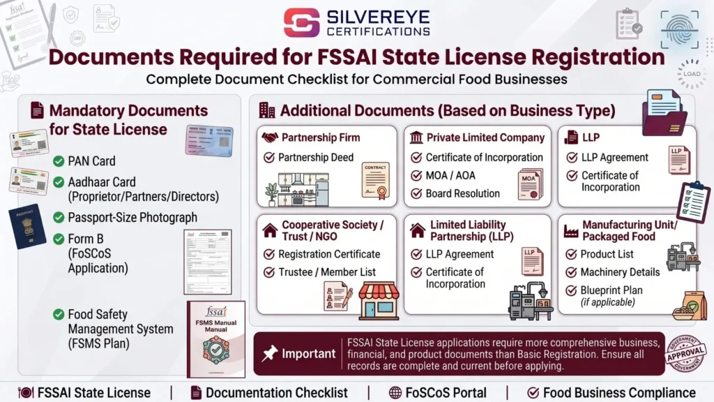 Documents requried for FSSAI State License Registration 
