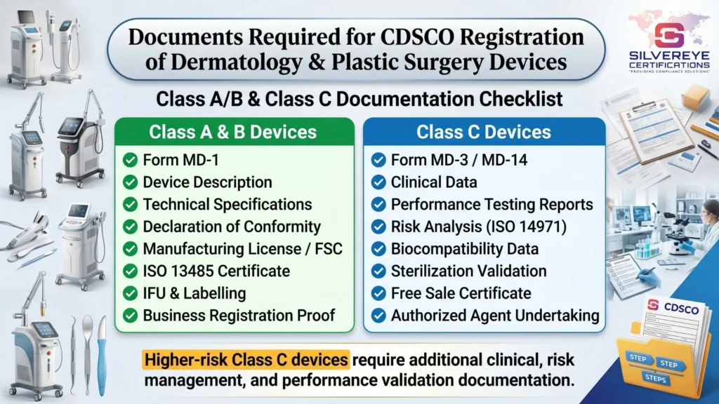 CDSCO License for Dermatology and Plastic Surgery Medical Devices: Class A, B, C & D Complete Guide 5 Documents Required for CDSCO Registration for Dermatology and plastic surgery Devices