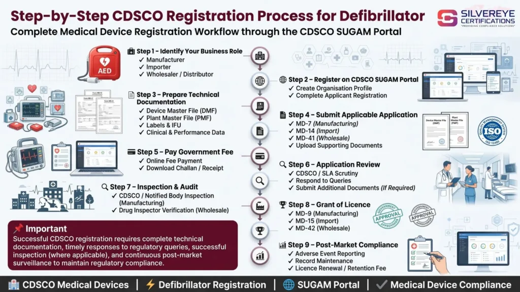 CDSCO Registration for Defibrillator: Class C License, Forms & Process (2026 Guide) For Importers, Manufacturers & Wholesalers 7 Process for CDSCO Registration for Defibrillator